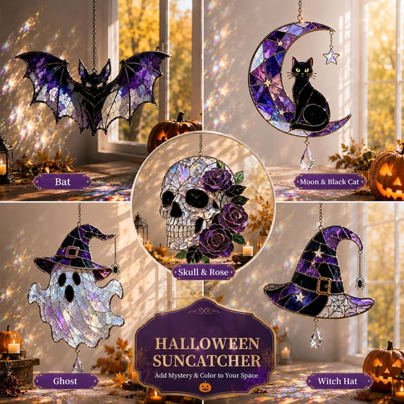 Aoznliie Halloween Sun Catcher Decor, Bat Stained Glass Style Acrylic Suncatcher, 7 inch Hanging Halloween Ornament with Chain for Window, Purple