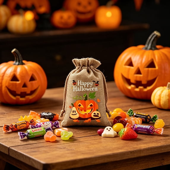 Aoznliie Halloween Treat Bags, Orange Drawstring Candy Bags with Evil Pumpkin Print,Halloween Gift Bags for Party Favor,6x4 in
