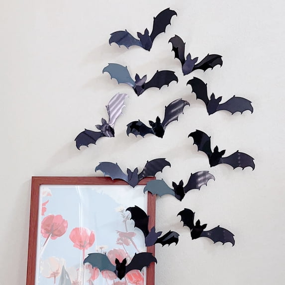 Aoznliie Halloween Wall Decals, 12pcs 3D Halloween Bats Wall Stickers Red Eyes, Black Bat Decals for Party Home Window,10x6 in