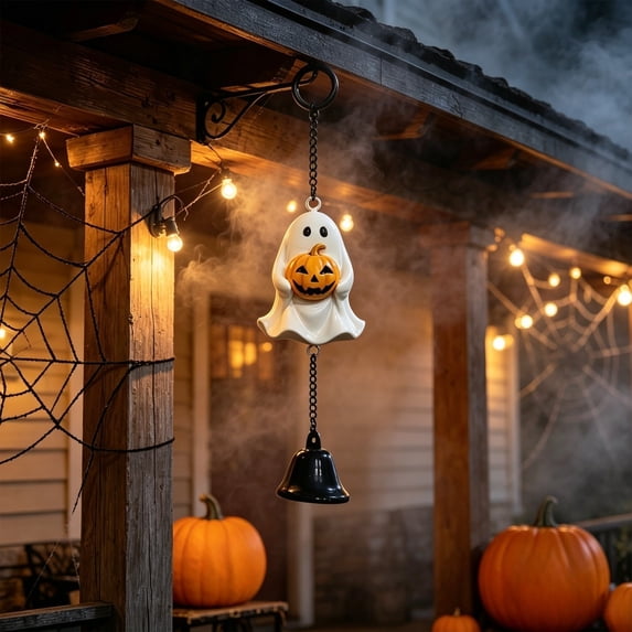Aoznliie Halloween Wind Chimes, Resin Door Hanging Decor with Pumpkin Black Cat Bat Ghost, Spooky Porch Ornament for Fall Festive Display,9x4in