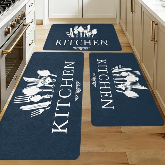 Aoznliie Kitchen Rugs Set, 3-Piece Non Slip Rectangle Kitchen Mats for Floor, Absorbent Machine Washable Corner Mat for Kitchen, Blue