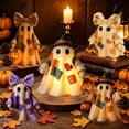 thumbnail image 1 of Aoznliie Lighted Vintage Patchwork Ghost, Glowing Resin Figurine with LED Pumpkin Basket, 4x3x3 inch Cute Halloween Decor for Indoor Display, White, 1 of 6