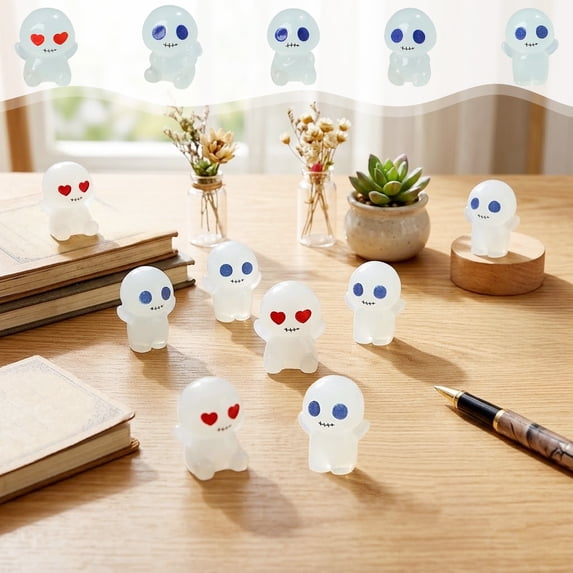 Aoznliie Mini Glow in Dark Ghost Figurines, 10 Pack Resin Halloween Ornaments, 1 inch Glowing Decor for Micro Landscape, Multicolor