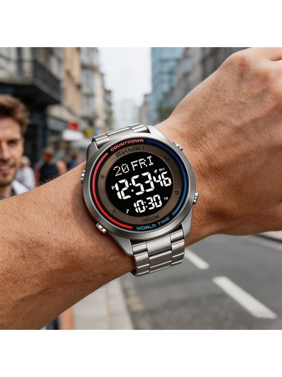Sport Watch for Men, 50m Waterproof Digital Watch with Stopwatch Alarm, Large Face Mens Wrist Watch for Running, Silver