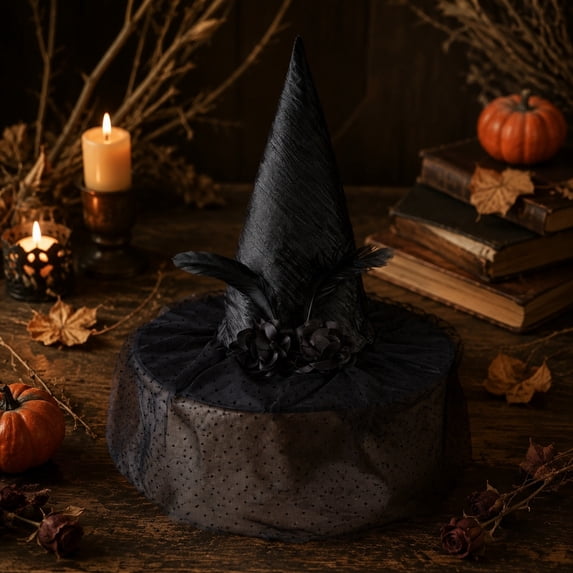 Aoznliie Witch Hat, Black Gothic Wizard Hat with Floral Veil Feathers Polka Dots, Halloween Costume Hat for Women Party Decor, 16x16in