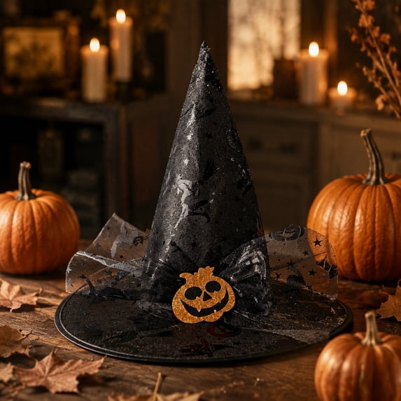 Aoznliie Witch Hat, Black Printed Wizard Hat with Transparent Veil Pumpkin Skull Decor, Halloween Costume Hat for Women Party Decor, 16x16in