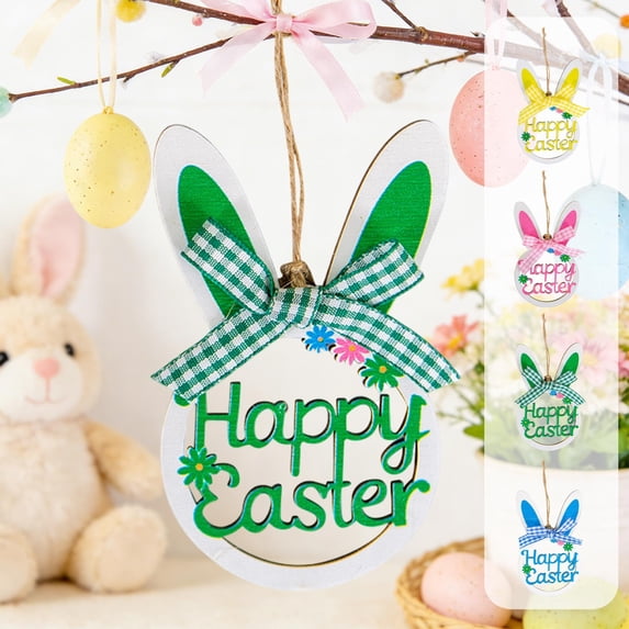 Aoznliie Wooden Easter Decor, Bunny Figurine Ornaments for Easter Party, Handcrafted Spring Home Tabletop Decorations, 3.93 Inch (Blue, Pink, Green, Yellow)
