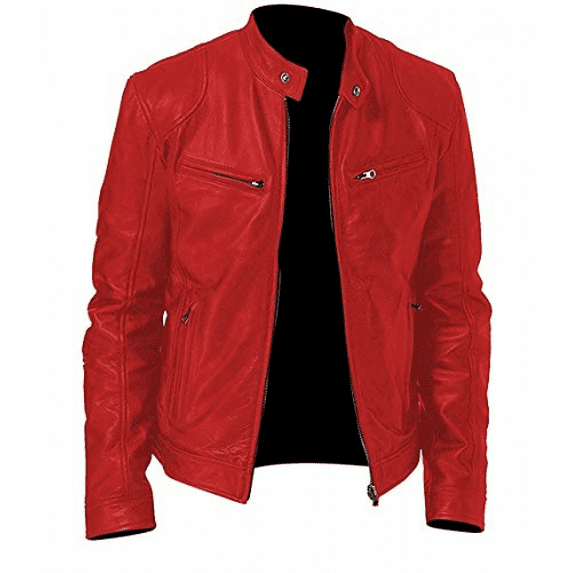 Aozrynl Men's trim collar extra size leather motorcycle rider long sleeve collar zipper jacket