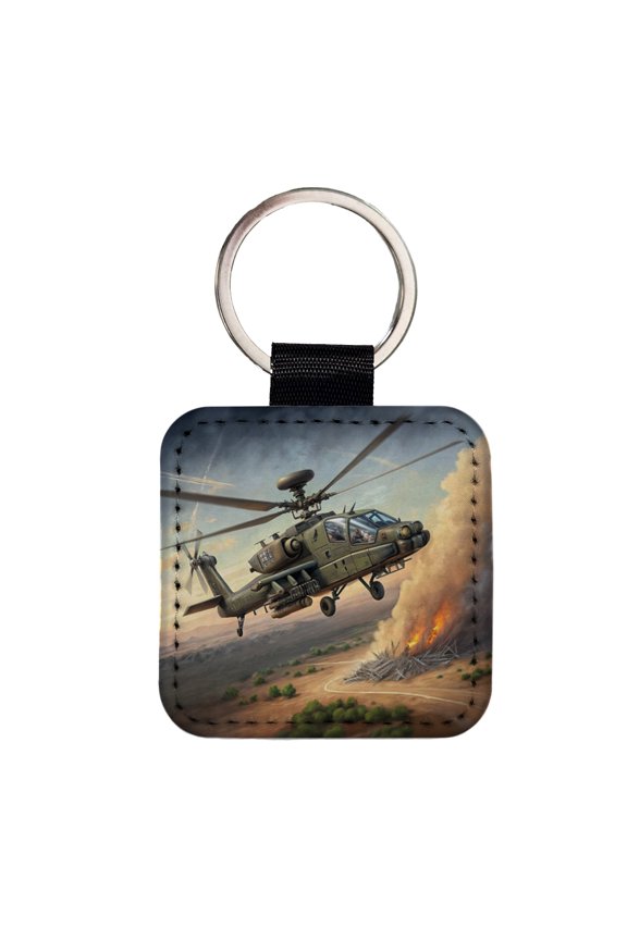Apache AH-64 Attack Helicopter US Army Faux Leather Square Keychain
