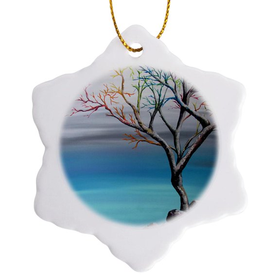 3drose, Apainting of a Rainbow Colored Tree at the Edge of the Water., 3 inch Snowflake Porcelain Ornament