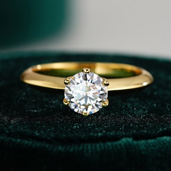 Apaison 1 Carat Round Moissanite Simple Rings for Women - Bridal Wedding Engagement Gold Plated Jewelry Gift - Passes Tester