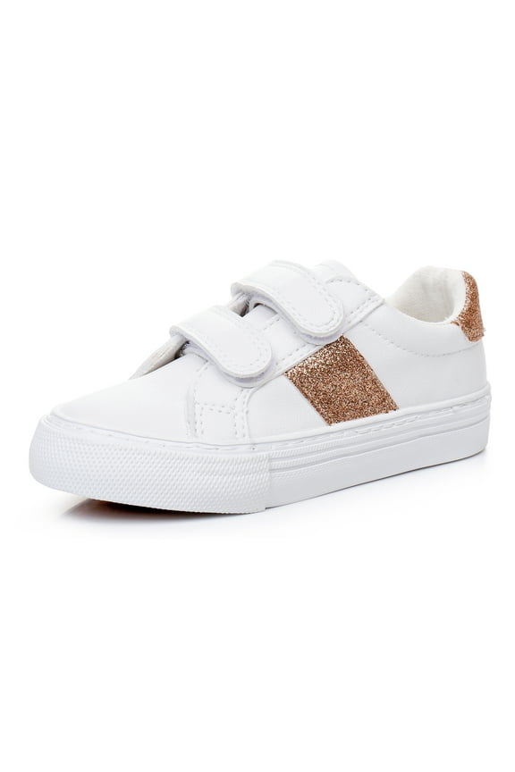 Boys Girls White Casual lightweight Shoes Classic Sneakers School Shoes (Color : White/Gold, Size : 1 Little Kid)
