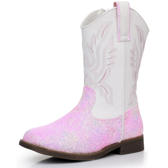 Apakowa Girls Cowgirl Boots Sparkly Glitter Western Cowboy Boots Mid-Calf Square Toe Rodeo Boots for Dress-Up & Daily Wear (Toddler/Little Kid/Big Kid)