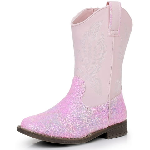 Girls Cowgirl Boots Sparkly Glitter Western Cowboy Boots Mid-Calf Square Toe Rodeo Boots for Dress-Up & Daily Wear (Toddler/Little Kid/Big Kid)