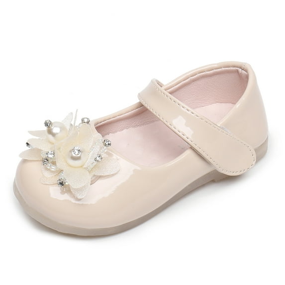 Apakowa Girls Kids Princess Shoes Flat Shoes Mary Jane Shoes (Color : Beige, Size : 4 Toddler)