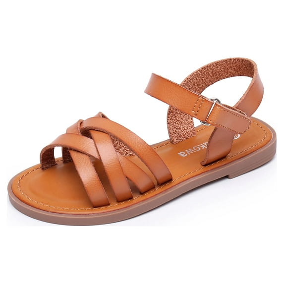 Apakowa Girls Sandals Open Toe Princess Flat Sandals Strappy Summer Shoes (Color : Brown, Size : 1 Little Kid)