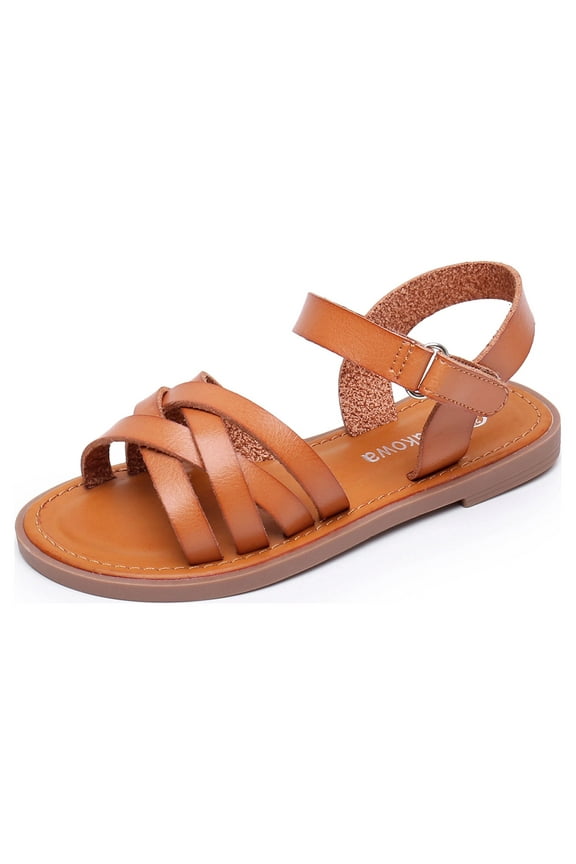 Girls Sandals Open Toe Princess Flat Sandals Strappy Summer Shoes (Color : Brown, Size : 5 Big Kid)