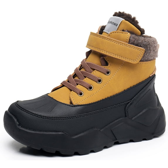Apakowa Kids Boys Water Resistant Warm Winter Snow Boots Faux Short Fleece Anti-Skid Outdoor Boots (Color : BlackCamel, Size : 13 Little Kid)