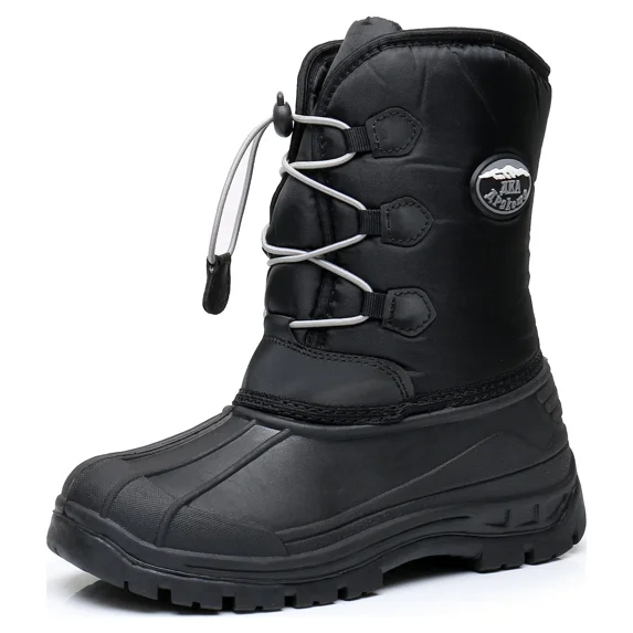 Apakowa Kids Winter Snow Boots Insulated Waterproof Mid Calf, Black/Gray, 3 Little Kid