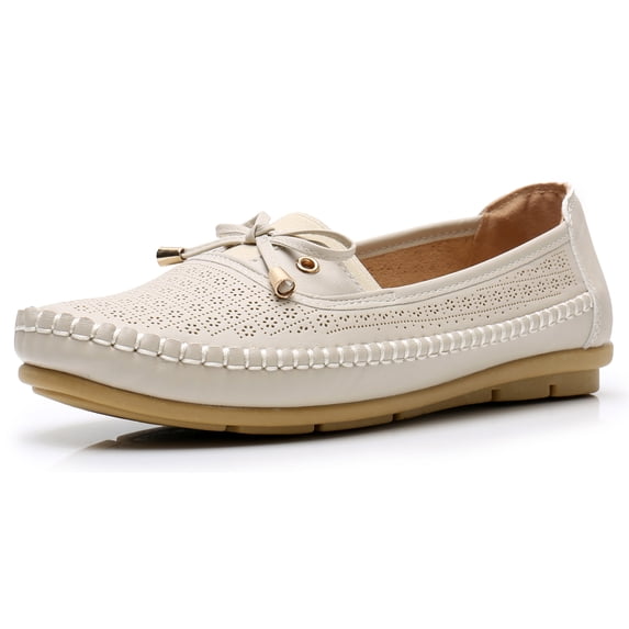 Apakowa Womens Loafers Rubber Sole Slip On Walking Flats Casual Moccasin Boat Shoes (Color : beige, Size : 7)