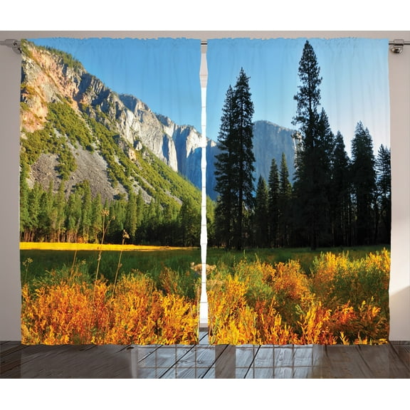 Ambesonne Nature Curtains 2 Panel Set, Birds over Mountains, 108" x 84", Orange Blue Green