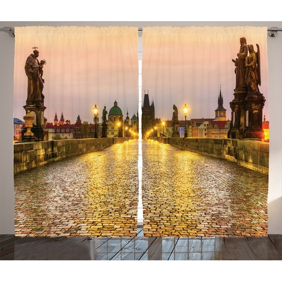 Ambesonne Cityscape Curtains 2 Panel Set, Old Town in Prague, 108" x 90", Yellow Brown