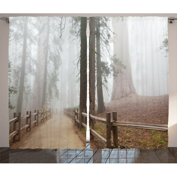 Ambesonne Nature Curtains 2 Panel Set, Forest in Foggy Morning, 108" x 90", Grey Brown
