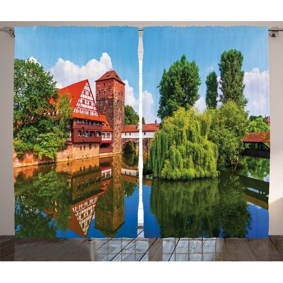 Ambesonne Rustic Curtains 2 Panel Set, Summer View German Town, 108" x 84", Orange Blue Green