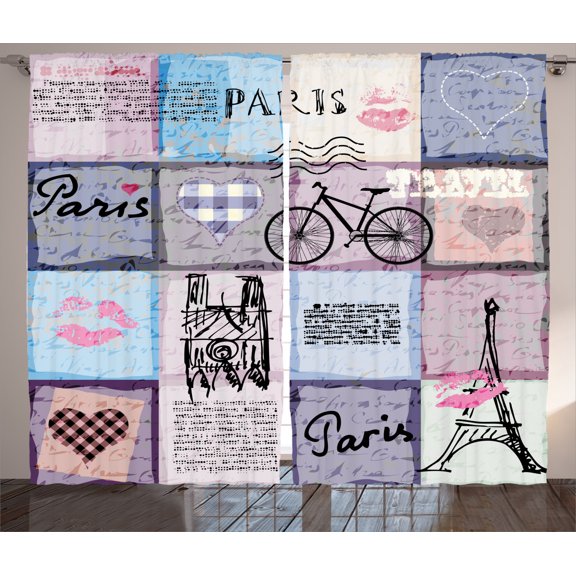 Ambesonne Paris Curtains 2 Panel Set, Eiffel Tower Love Letter, 108" x 84", Multicolor