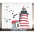 thumbnail image 1 of Ambesonne Lighthouse Curtains 2 Panel Set, Seagulls Beach Sea, 108" x 90", Red Grey White, 1 of 3