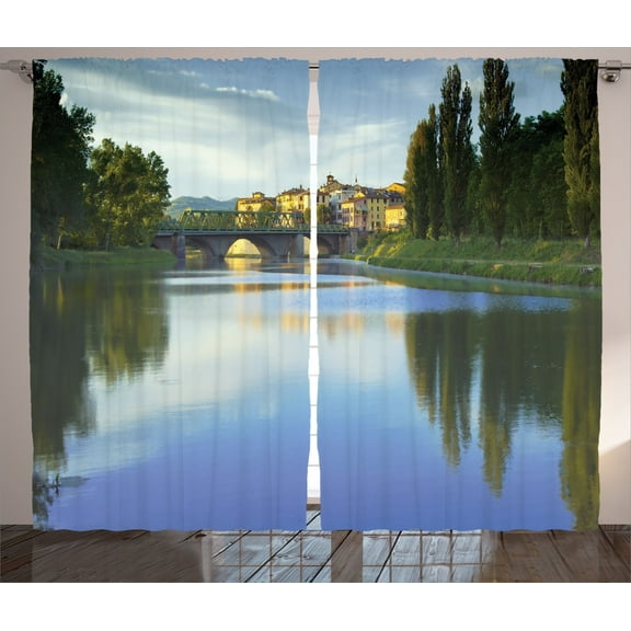 Ambesonne Nature Curtains 2 Panel Set, River Bridge Town Trees, 108" x 90", Green Blue