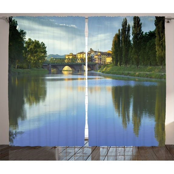Ambesonne Nature Curtains 2 Panel Set, River Bridge Town Trees, 108" x 90", Green Blue