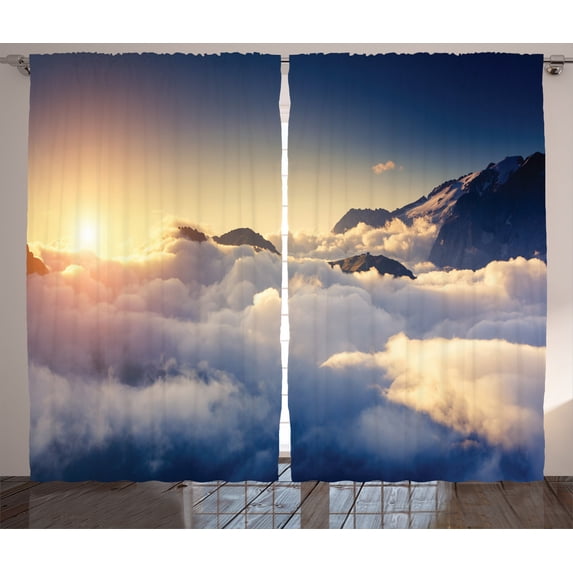 Ambesonne Mountain Curtains 2 Panel Set, Climbing Above Clouds, 108" x 90", Beige Navy