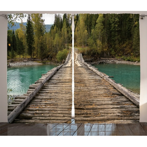 Ambesonne Rustic Curtains 2 Panel Set, River Pine Tree Forest, 108" x 84", Brown Green