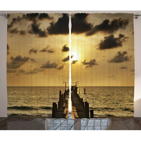 Ambesonne Nautical Curtains 2 Panel Set, Old Wood Deck Sunset, 108" x 90", Yellow Grey