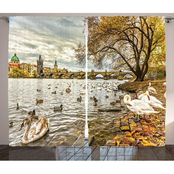 Ambesonne Nature Curtains 2 Panel Set, Swimming Swans in River, 108" x 84", Multicolor