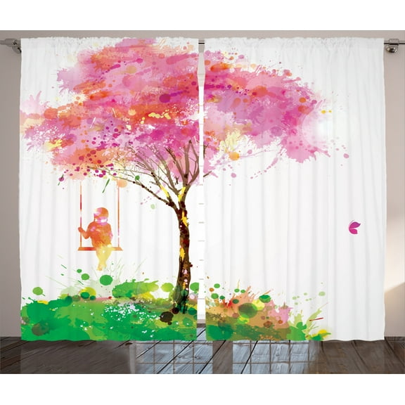 Ambesonne Colorful Curtains 2 Panel Set, Spring Blossoming Tree, 108" x 84", Multicolor