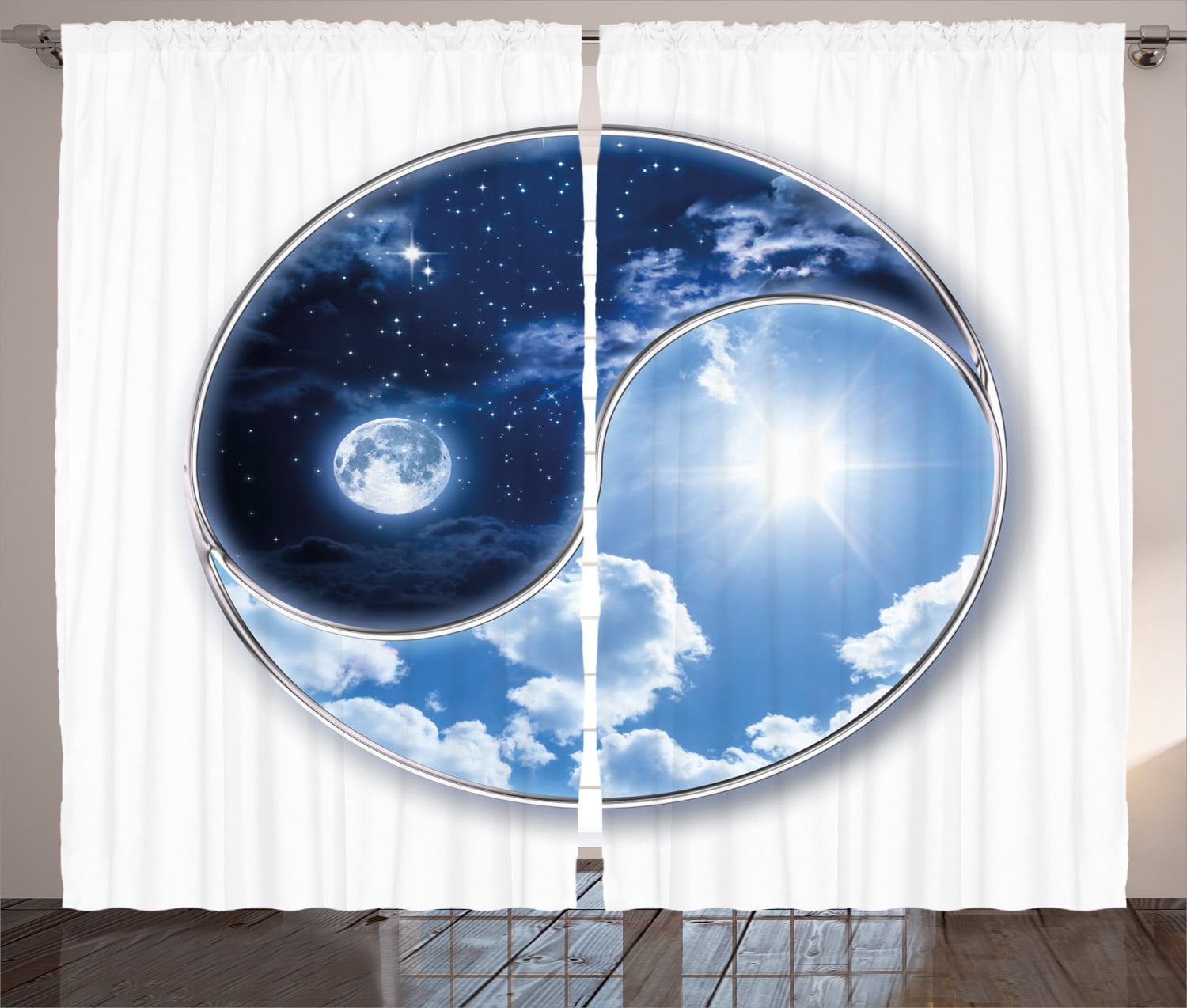 Ambesonne Space Curtains 2 Panel Set, Moon and Sun, 108