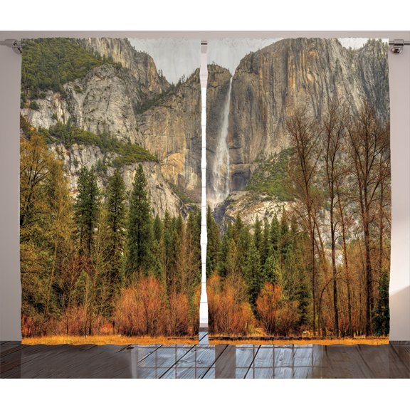 Ambesonne Nature Curtains 2 Panel Set, Yosemite Falls Trees, 108" x 84", Orange Green