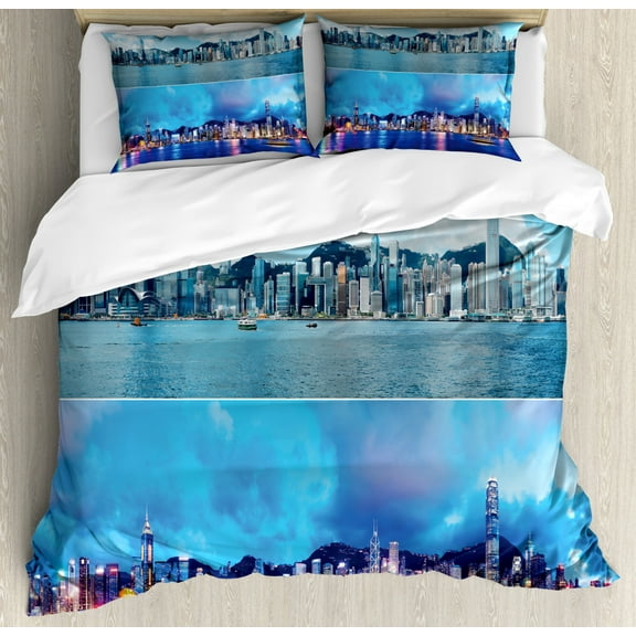 Urban Duvet Cover Set, Times of Hong Kong City Morning and Evening Urban Downtown Scene Art Print, Decorative 3 Piece Bedding Set with 2 Pillow Shams, King Size, Deep Sky Blue, by Ambesonne