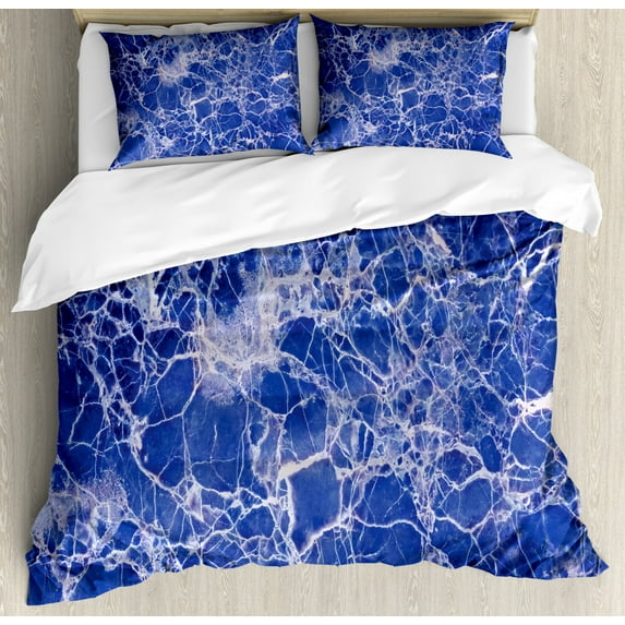 Apartment Decor Queen Size Duvet Cover Set, Metamorphic Marble with Vibrant Fragmented Pieces and Veins Limestone Art Decor, Decorative 3 Piece Bedding Set with 2 Pillow Shams, Blue, by Ambesonne