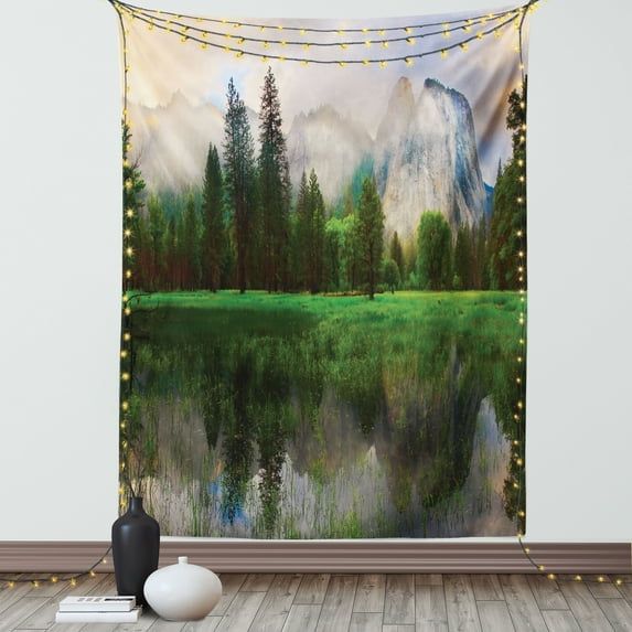 Apartment Decor Tapestry, Sunset Panorama of Yosemite Cathedral Rocks Trees Cloudy Sky Riverside, Wall Hanging for Bedroom Living Room Dorm Decor, 40W X 60L Inches, Beige Green, by Ambesonne