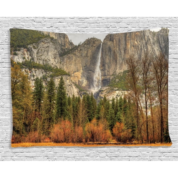 Apartment Decor Tapestry, Yosemite Trees Mountain Cliff in Autumn National Park California Print, Wall Hanging for Bedroom Living Room Dorm Decor, 60W X 40L Inches, Orange Green, by Ambesonne
