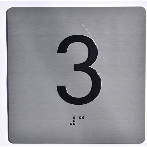 Apartment Number 3 Sign with Braille and Raised Number (Aluminum, 4x4, Double Sided Tape, Silver) (ref-2201)