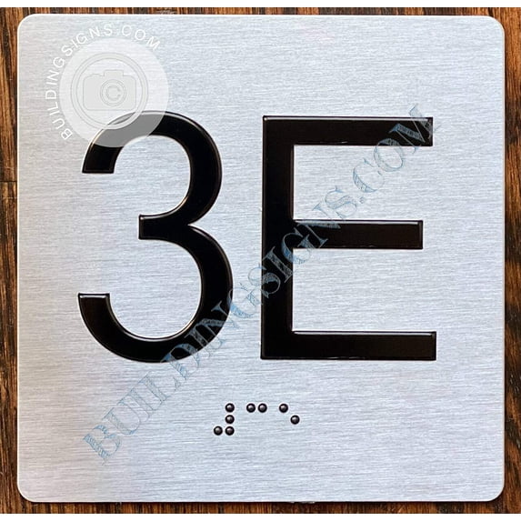 Apartment Number 3E Sign with Braille and Raised Number (Aluminum, 4x4, Double Sided Tape, Silver)-The Sensation line (ref-2201)