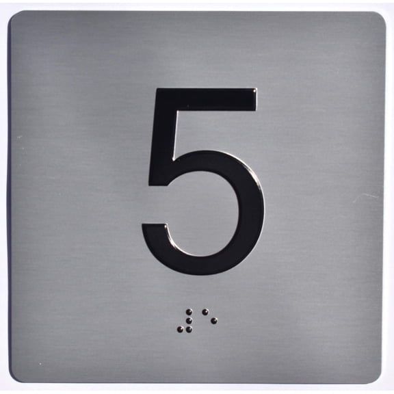 Apartment Number 5 Sign with Braille and Raised Number (Aluminum, 4x4, Double Sided Tape, Silver) (ref-2201)