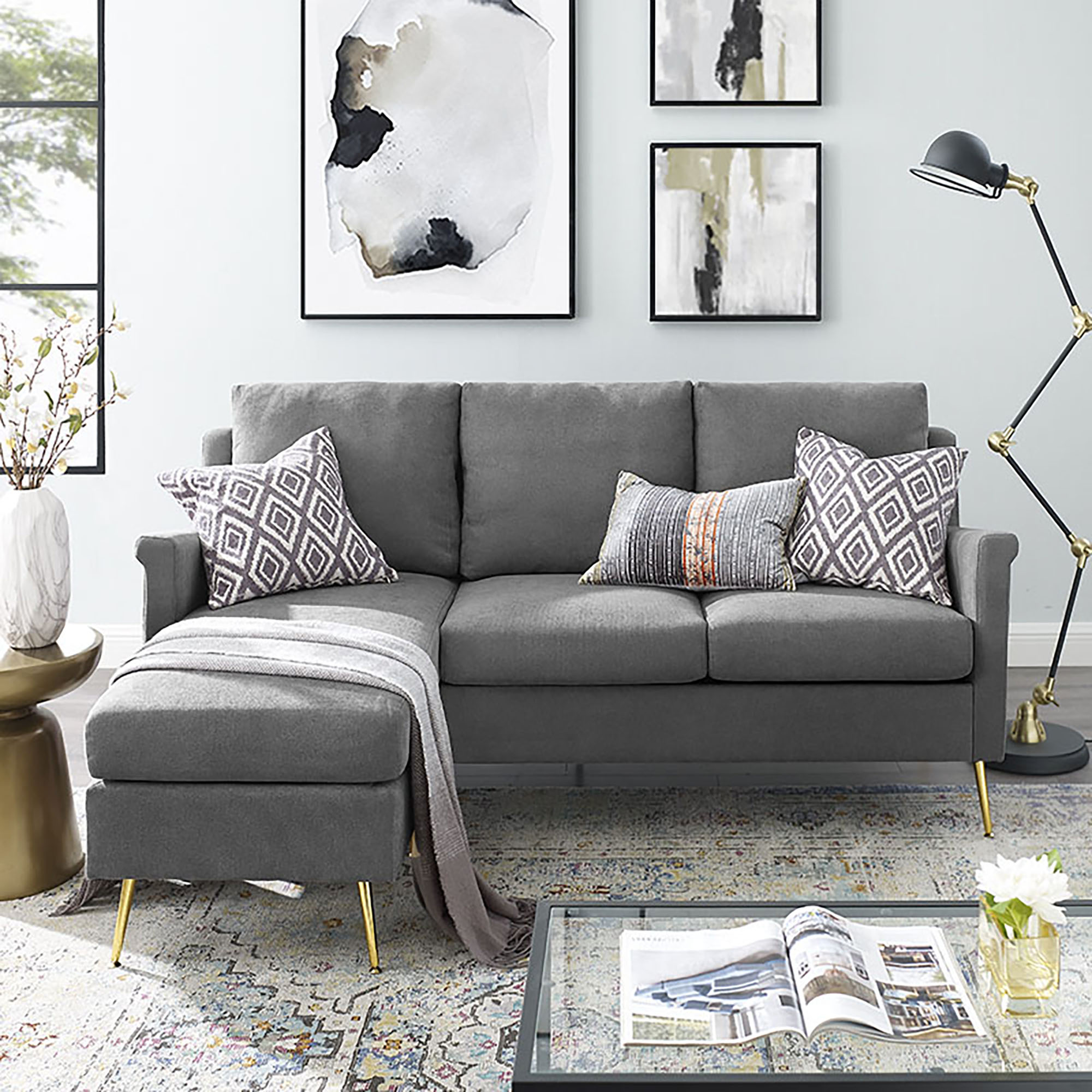 Apartment Sectional with Gold Legs, Grey - image 1 of 9