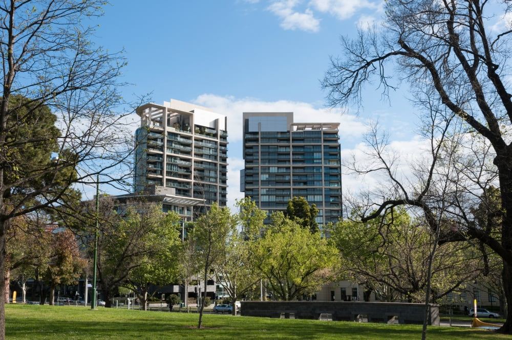 Apartment buildings along St Kilda Road Albert Park Melbourne Victoria Australia Canvas Art - Panoramic Images (36 x 12)