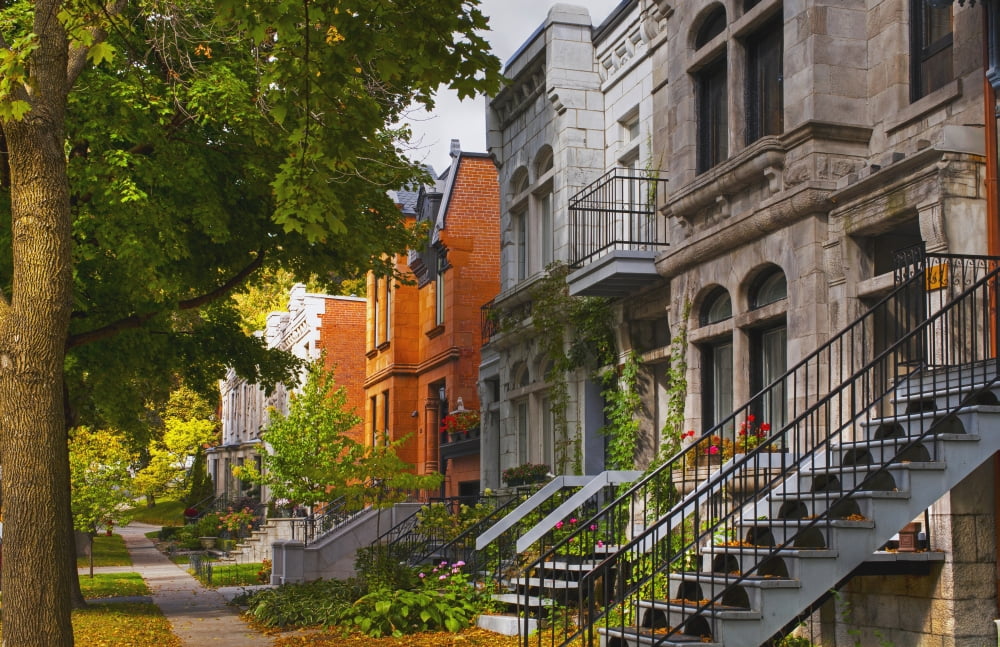 Apartment buildings along city street Montreal Quebec Canada Canvas Art - David Chapman Design Pics (38 x 24)