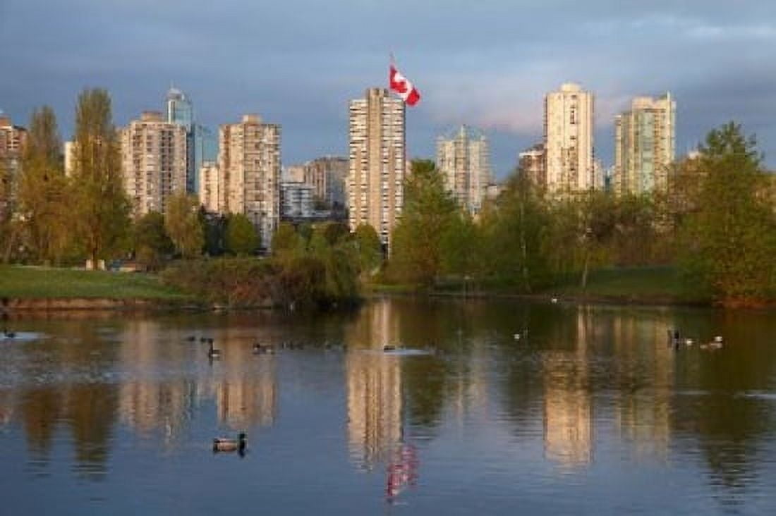 Apartments reflected in Vanier Park Pond Vancouver British Columbia Canada Canvas Art - David Wall DanitaDelimont (29 x 19)